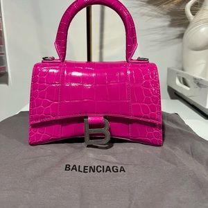 BALENCIAGA HOURGLASS XS CROC EMBOSSED TOP HANDLE BAG